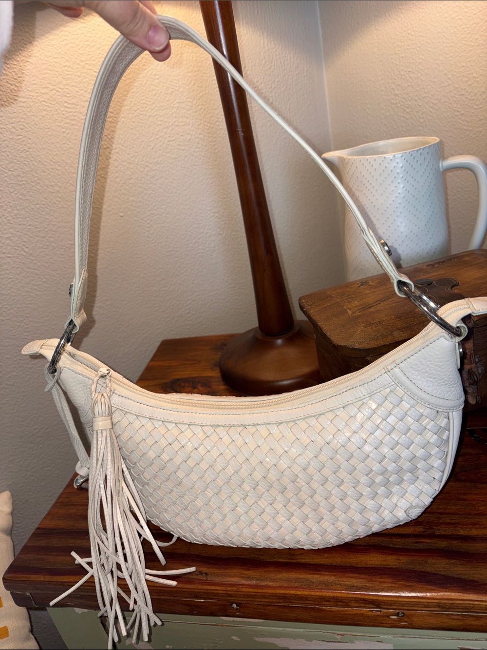 BRIGHTON Leather Braided Purse - Beige - with Tassel Embellished Zipper Closure.